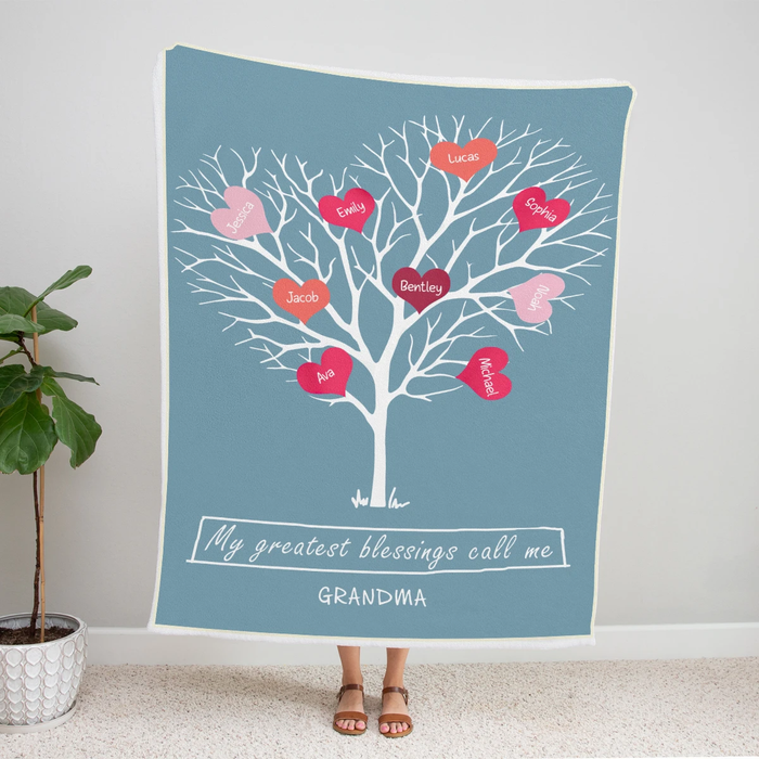 Personalized Blessing Call Me Grandma Fleece Blanket Sweetheart Tree Design Print Custom Nickname & Grandkids Name