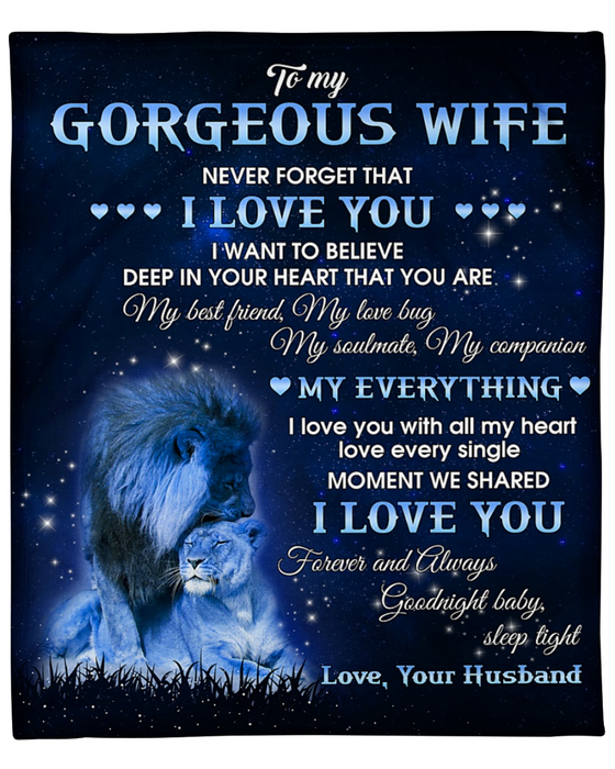 Personalized Romantic Blanket To My Gorgeous Wife For Valentine Light Blue Lion Couple Blanket Custom Name