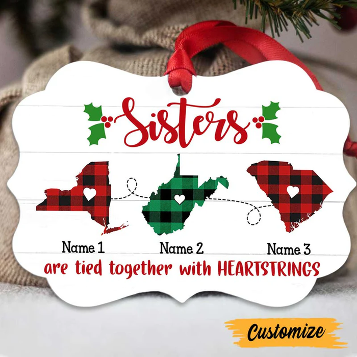 Personalized Ornament Long Distance Gifts For Besties Sisters Tied Together With Heartstring Custom Name Tree Hanging