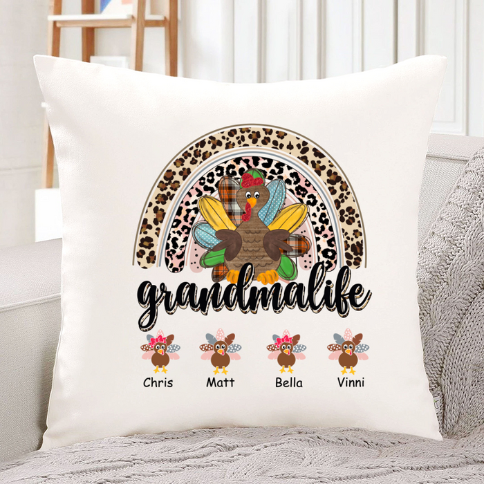 Personalized Square Pillow Gifts For Grandma Leopard Rainbow Turkey Fall Custom Grandkids Name Sofa Cushion For Birthday