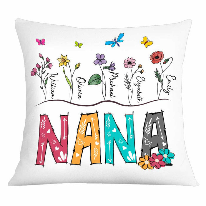 Personalized Square Pillow Gifts For Grandma Flowers Butterflies Colorful Garden Custom Grandkids Name Sofa Cushion