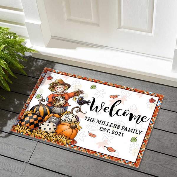 Personalized Welcome Doormat For Fall Lovers Cute Scarecrow & Plaid Stripe Polka Dot Pumpkin Custom Family Name & Date