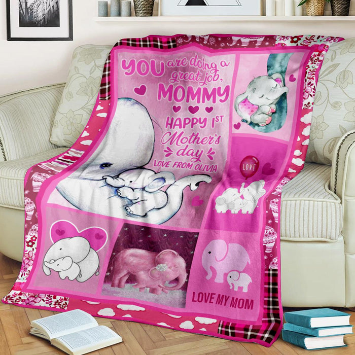 Personalized To My Mommy Blanket From Baby Happy 1st Mother'S Day Cute Elephant & Flower Pink Background Custom Name