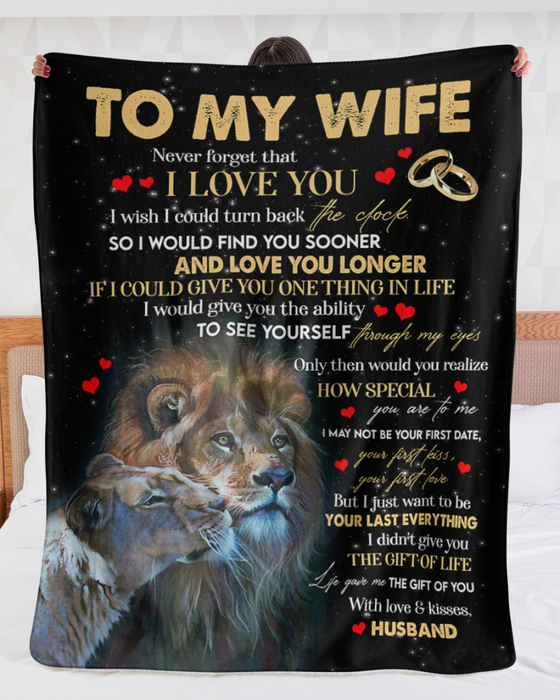 Personalized Blanket To My Wife From Husband I Love You Lion Couple With Ring & Heart Printed Custom Name