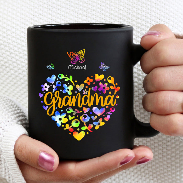 Personalized Coffee Mug Gifts For Grandma Colorful Flower Heart Butterflies Custom Grandkids Name Christmas Black Cup