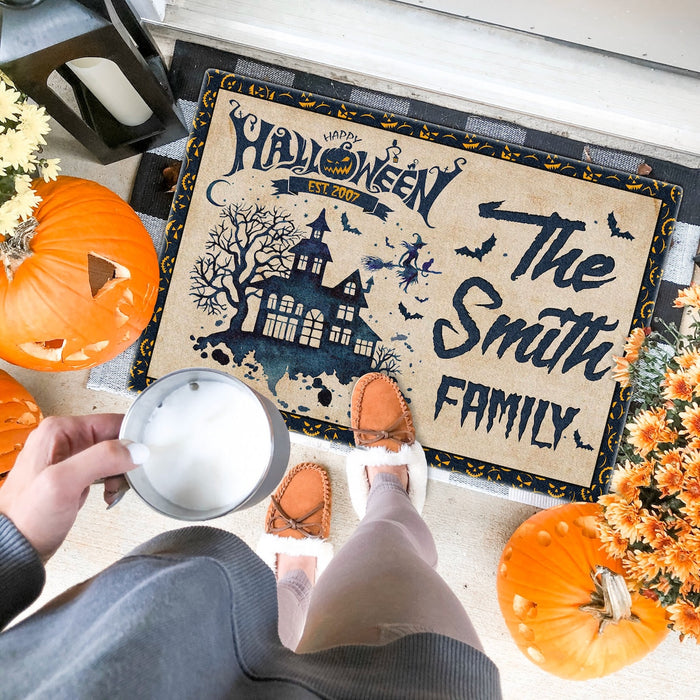 Personalized Welcome Doormat Happy Halloween Castle Pumpkin & Flying Witch Printed Custom Family Name & Year
