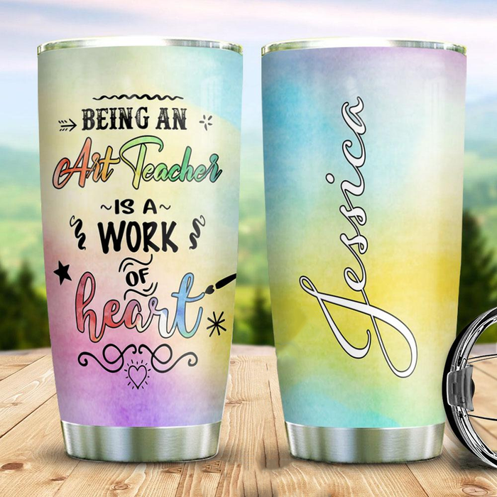 Personalized Travel Cup For Teacher Colorful Theme A Work Of Heart 20oz Tumbler Custom Name Back To School Gifts