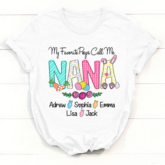 Personalized T-Shirt For Grandma Nana Bunny Cute Bunny & Easter Eggs Printed Custom Grandkids Name Easter Day Shirt