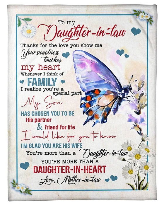 Personalized Blanket To My Daughter-in-law From Mom Glad You Are His Wife Butterfly & Daisy Printed Custom Name