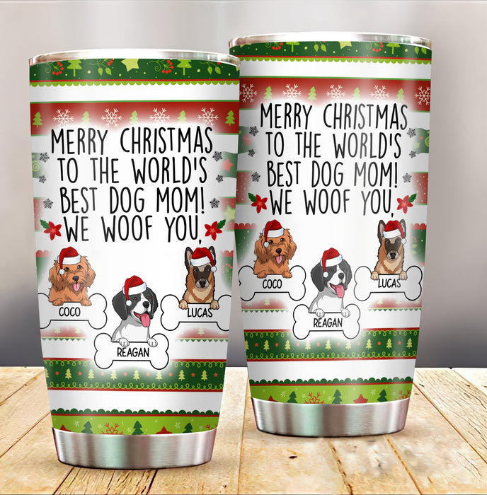 Personalized Tumbler For Pet Owner We Woof You Mommy Dog Santa Hat Pine Tree Custom Name Travel Cup Gifts For Christmas