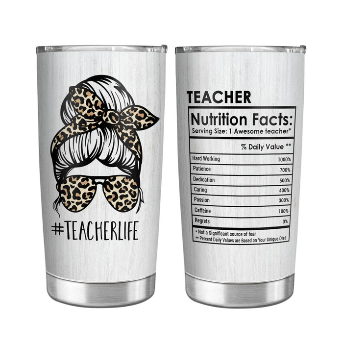 Personalized Tumbler For Teacher Leopard Messy Bun Teacher Nutrition Facts Custom Name Travel Cup Back To School Gifts