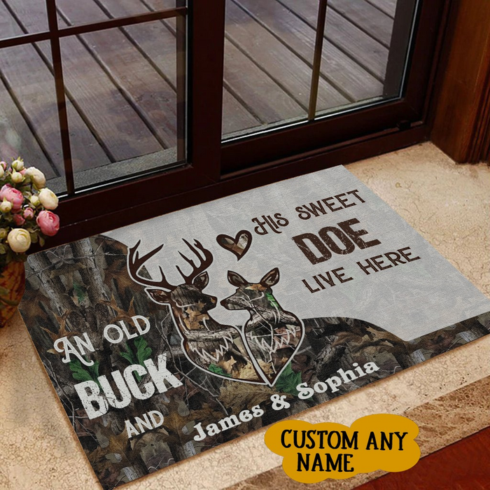 Personalized Welcome Doormat For Hunting Lovers An Old Buck And His Doe Live Here Deer Couple Printed Custom Names
