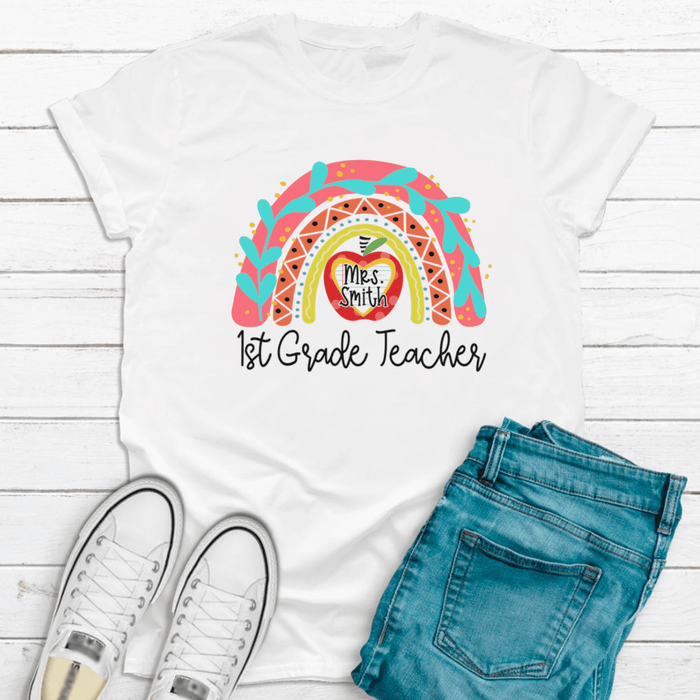 Personalized T-Shirt For Teacher Rainbow 1st Grade Teacher Custom Name Grade Shirt Gifts For Back To School