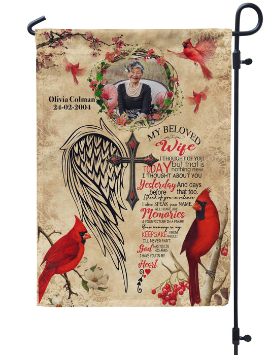 Personalized Memorial Gifts Flag For Family In Heaven Cardinal Angle Wings Cross Custom Name Photo Cemetery Decoration