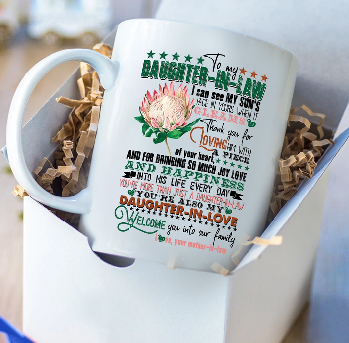 Personalized Coffee Mug For Daughter In Law Protea Flowers Welcome Into Our Family Custom Name White Cup Birthday Gifts