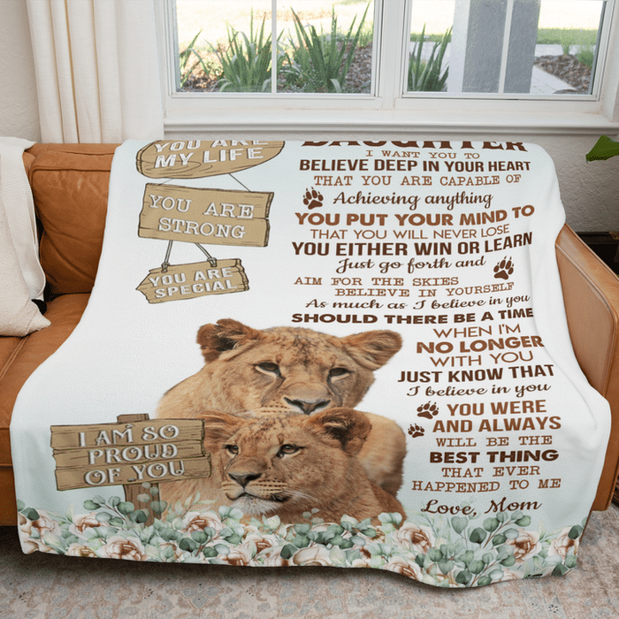 Personalized Premium Blanket To My Daughter Wood Sign & Lion Hugged Fleece Blankets Custom Name