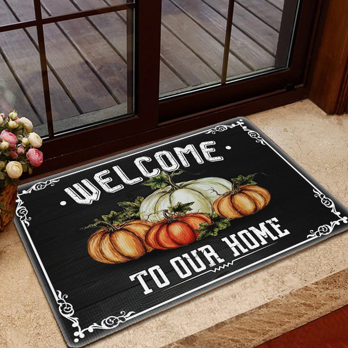 Vintage Pumpkin Doormat Welcome To Our Home Pumpkins Printed With Frame Pattern Black Background Fall Doormat
