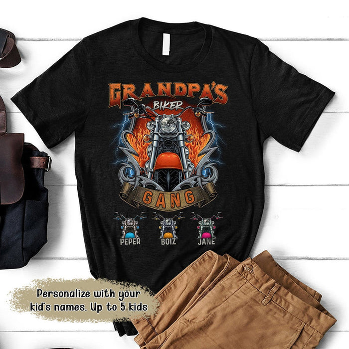 Personalized T-Shirt Grandpa'S Biker Gang Motorcycle Lovers Cool Fire Motor Printed Custom Grandkids Name