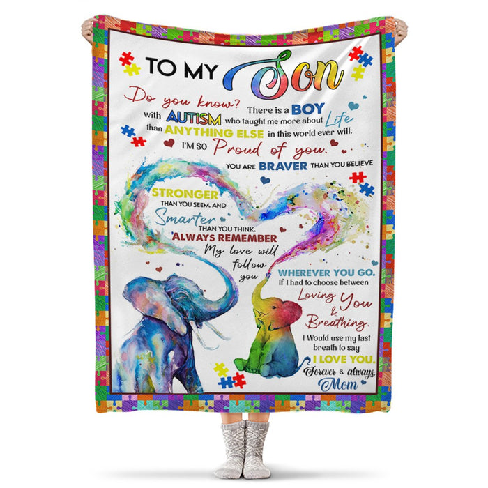 Personalized To My Son Blanket From Mom Autism Elephant Watercolor Blanket My Love Will Follow You Wherever You Go