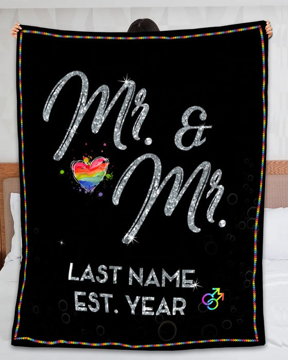 Personalized Valentines Day Blanket For LGBT Couple Mr & Mr Rainbow Heart Printed Custom Name & Year