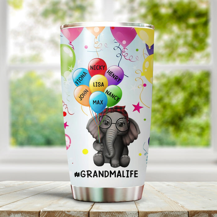 Personalized Tumbler Gifts For Grandma Elephant Colorful Balloon Custom Grandkids Name Travel Cup For Christmas