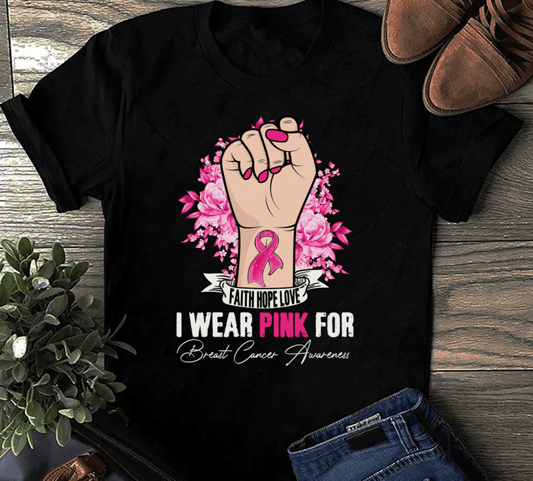 Breast Cancer Awareness T-Shirt For Girl Women Raising Hand I Wear Pink Shirt For Cancer Support Inspirational Gifts