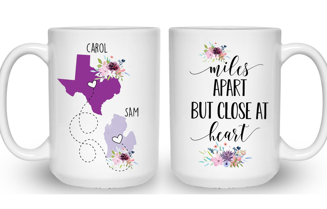 Personalized Coffee Mug For Family Miles Apart But Close At Heart Floral Custom Name White Cup State To State Gifts