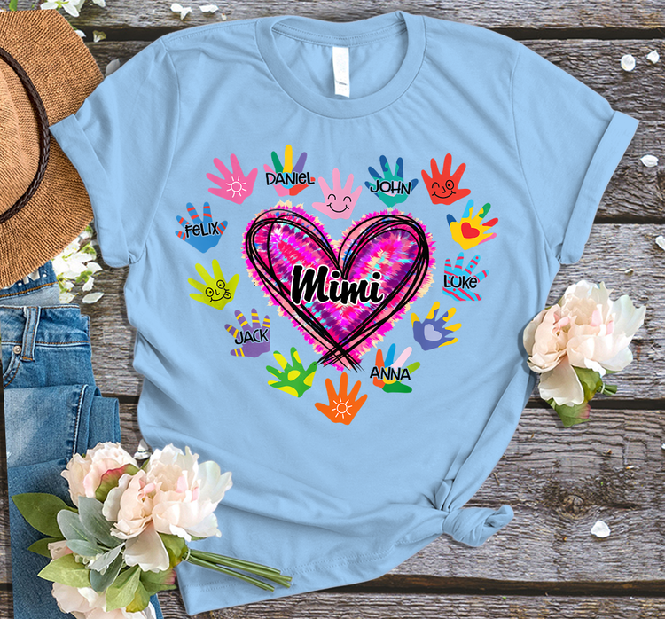 Personalized T-Shirt For Grandma Mimi Heart Tie Dye Design Colorful Handprints Printed Custom Grandkids Name