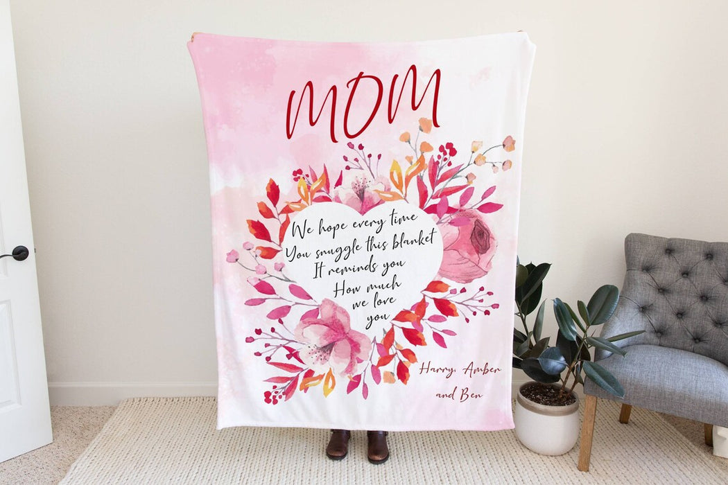 Personalized To My Mom Blanket From Kids How Much We Love You Heart Shaped Flower Printed Custom Kids Name