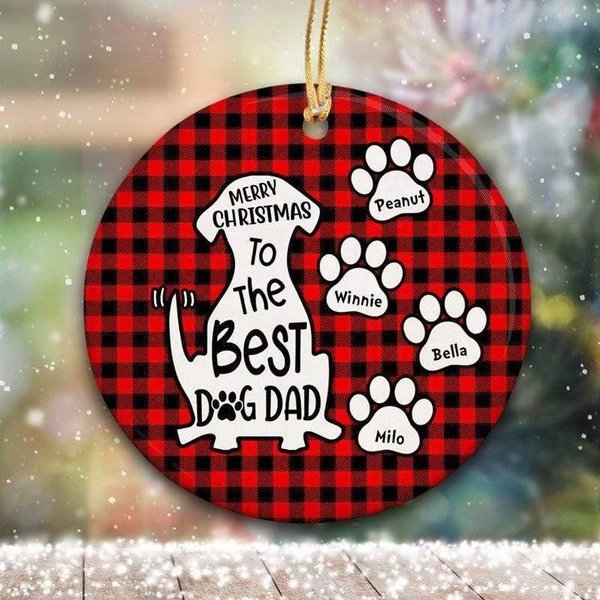 Personalized Ornament For Dog Lovers Merry Xmas To The Best Dog Dad Cute Dog & Paws Print Plaid Design Custom Dog's Name