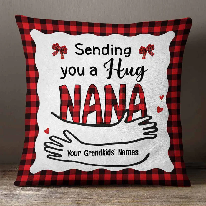 Personalized Square Pillow For Grandma Sending You A Hug Nana Hand Plaid Custom Grandkids Name Sofa Cushion Xmas Gifts