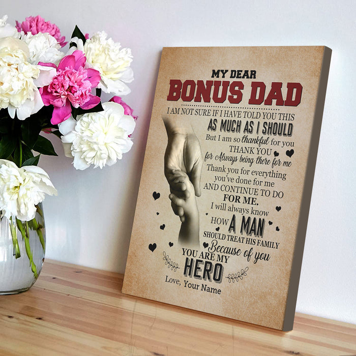 Personalized To My Bonus Dad Canvas Wall Art Thanks For Always Being There Hand In Hand Vintage Design Custom Name