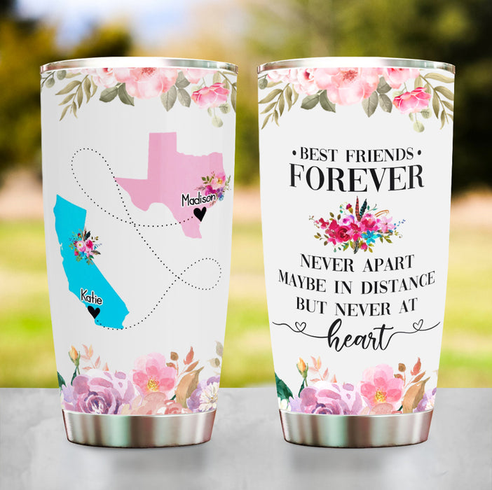 Personalized Tumbler For Bestie BFF Long Distance Gifts Maybe In Distance Never At Heart Flower Custom Name Travel Cup
